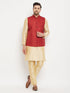 Vastramay Men's Maroon Matka Silk Nehru Jacket With Gold Silk Blend Kurta and Pant style Pyjama Set